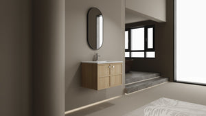 English Elm 30" Oak Wall-Mounted Bathroom Vanity with Ceramic Sink, 2 Soft-Closing Doors, Plywood Build, Space-Saving Design W1972S00022