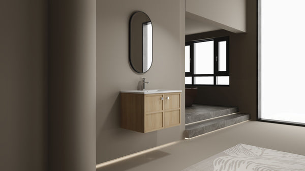 English Elm 30" Oak Wall-Mounted Bathroom Vanity with Ceramic Sink, 2 Soft-Closing Doors, Plywood Build, Space-Saving Design W1972S00022