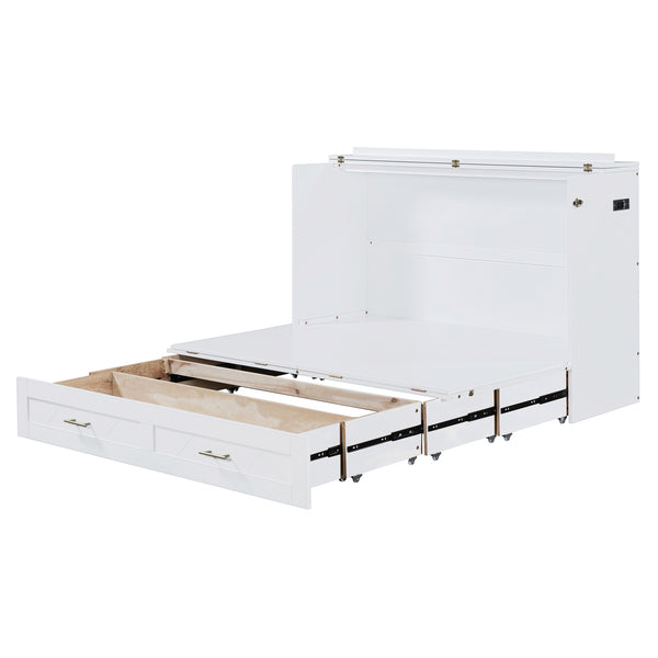 English Elm Queen Murphy Wall Bed Cabinet with Storage Drawer Built-in Power Outlets Usb Ports White LP000400AAK