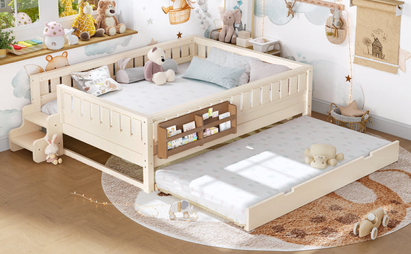 English Elm Queen Bunk Bed with Trundle Solid Pine Kids Car Themed Frame Built-in Bookshelf Beige W1580S00562