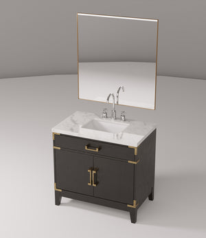 English Elm Black Oak Single Bath Vanity Set With Carrara Marble Top, 34" Mirror & Chrome Faucet For Elegant Style B2731S02219