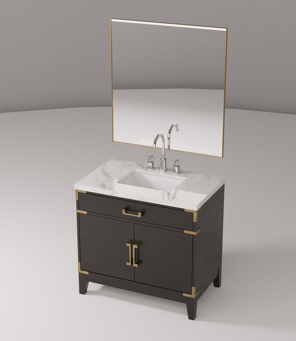 English Elm Black Oak Single Bath Vanity Set With Carrara Marble Top, 34" Mirror & Chrome Faucet For Elegant Style B2731S02219