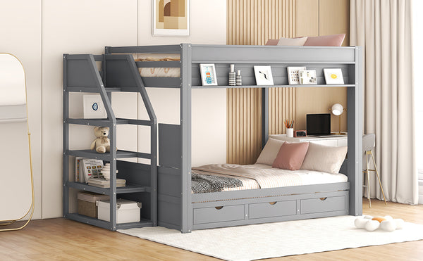 English Elm Wood Full Size Convertible Bunk Bed with Storage Staircase, Bedside Table and 3 Drawers, Gray - Space-Saving, Durable Design SM000335AAE