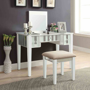 English Elm Transitional Glam Mirrored Vanity with Padded Stool, Spacious Drawers, Central Mirror for Prep and Storage White 50 L x 31 W x 16 H B2741P400802