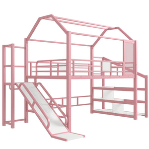 English Elm Full Full House Loft bed with Slide and Stairs, Metal House Play Loft with Storage Shelves and Quiet Design Pink W1580S00351