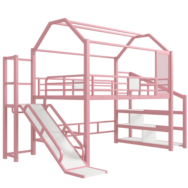 English Elm Full Full House Loft bed with Slide and Stairs, Metal House Play Loft with Storage Shelves and Quiet Design Pink W1580S00351