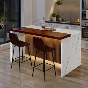 English Elm 63" Modern Kitchen Island with Black Marble-Look Surface, LED Ambient Lighting & Grille Accent White+Walnut W2699P365916