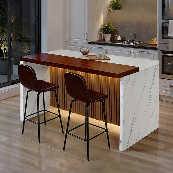 English Elm 63" Modern Kitchen Island with Black Marble-Look Surface, LED Ambient Lighting & Grille Accent White+Walnut W2699P365916