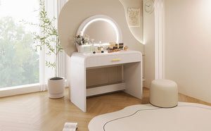 English Elm 39" Makeup Vanity Table with Touchscreen LED Mirror, Sleek Dressing Table with Drawer and Glass Top - Durable Rubberwood, Fast Assembly White N704P196658K