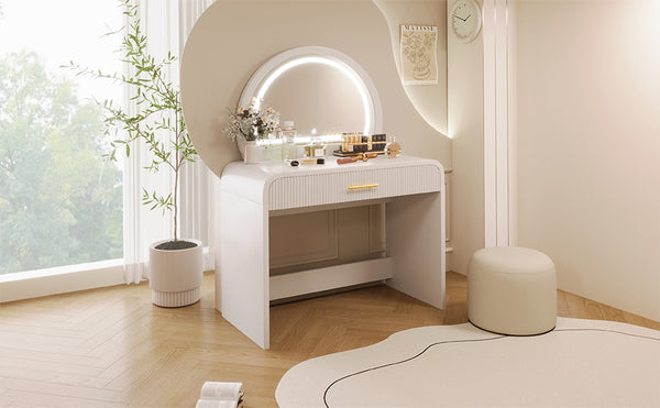 English Elm 39" Makeup Vanity Table with Touchscreen LED Mirror, Sleek Dressing Table with Drawer and Glass Top - Durable Rubberwood, Fast Assembly White N704P196658K