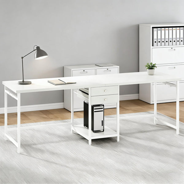 English Elm Computer Desk Two Person Wood Grain Workstation with Drawers for Shared Home Office White T3971P453460