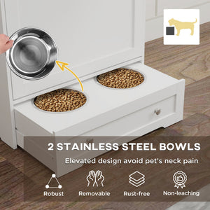 English Elm Pet Feeder Storage Cabinet with Raised Bowls Tempered Glass Door and White Mdf Build T3971P407156