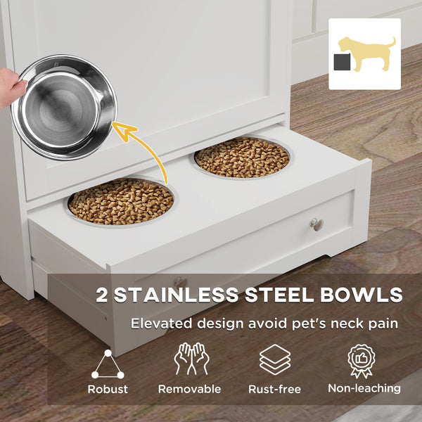 English Elm Pet Feeder Storage Cabinet with Raised Bowls Tempered Glass Door and White Mdf Build T3971P407156