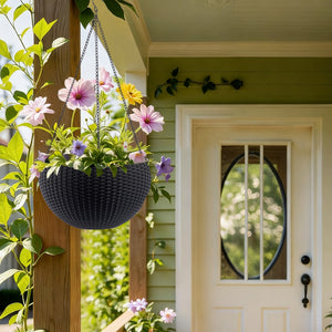 English Elm 13.4 Inch Rattan Texture Self Watering Hanging Planter with Reservoir for Balcony Black W3213P383075