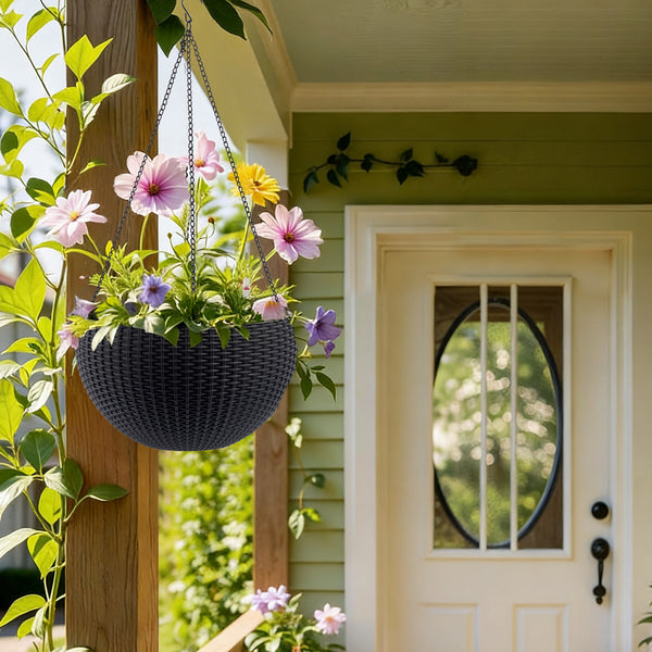 English Elm 13.4 Inch Rattan Texture Self Watering Hanging Planter with Reservoir for Balcony Black W3213P383075