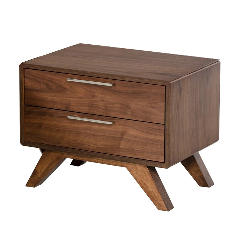 English Elm 2 Drawer Mid-century Wooden Nightstand with Angled Legs and Metal Bar Pulls B056P416783