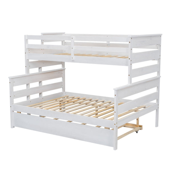 English Elm Wood Twin over Full Bunk Bed with Twin Trundle – Space-Saving Pine/MDF Triple Bed, Sturdy & Safe Design White GX000448AAK-1