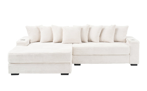 English Elm 111.4-inch corduroy L-shaped sofa with reversible chaise, armrest cup holders, lockers, sturdy frame Beige W1278S00103