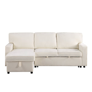 English Elm U_STYLE Chenille Upholstery Sleeper Sectional Sofa with Pull-Out Bed, Chaise Storage & Comfort Beige W1099S00146