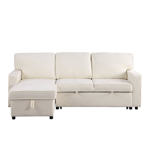 English Elm U_STYLE Chenille Upholstery Sleeper Sectional Sofa with Pull-Out Bed, Chaise Storage & Comfort Beige W1099S00146