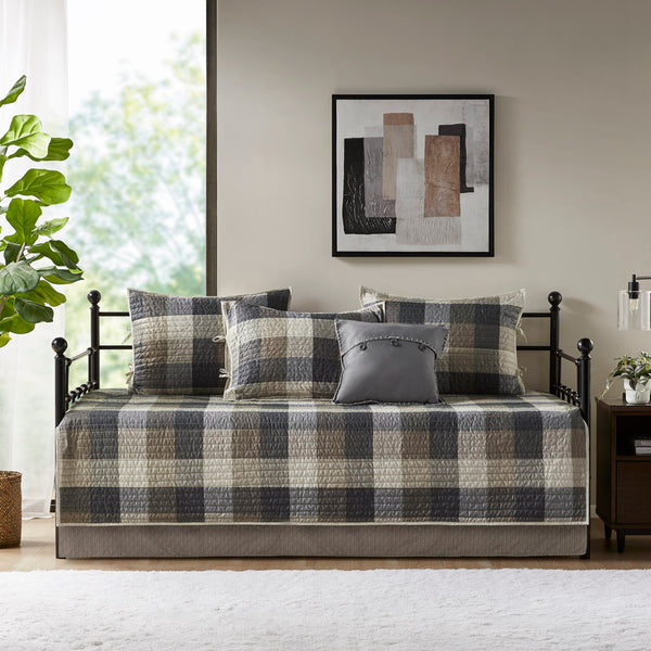 JLA Home Madison Park - 6 Piece Reversible Plaid Daybed Cover Set — Buffalo Plaid & Quilted Herringbone Texture for Cozy Cabin Style Neutral MP13-8387