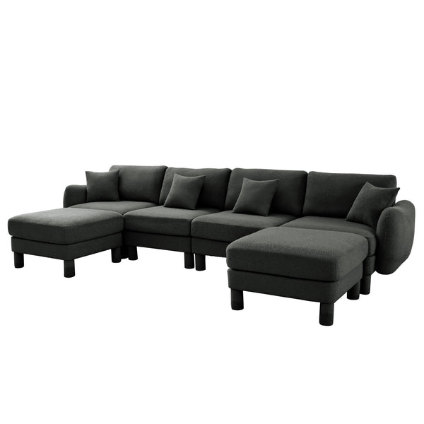 English Elm Boucle U-Shape 4-Seater Sectional Sofa With Shell Armrests & Movable Ottomans In Dark Grey Fabric W3041S00305