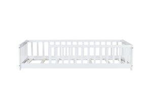 English Elm Twin Solid Rubberwood Floor Bed with Full Perimeter Safety Rails for Toddler Rooms White W504P296795