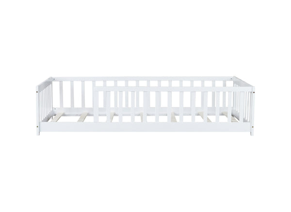 English Elm Twin Solid Rubberwood Floor Bed with Full Perimeter Safety Rails for Toddler Rooms White W504P296795