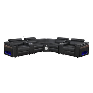 English Elm Nova Tech Sectional with Led Bar Bluetooth Speakers Power Recliners and Freezer Console Black B009S02165