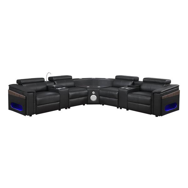 English Elm Nova Tech Sectional with Led Bar Bluetooth Speakers Power Recliners and Freezer Console Black B009S02165