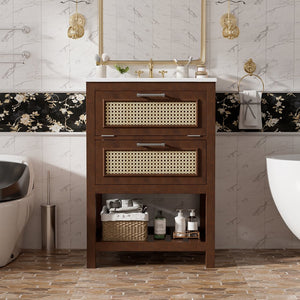 English Elm 24" Rattan Front Bathroom Vanity with Ceramic Sink Deep Drawer Storage Mdf Cabinet Dark Brown N710P293990P