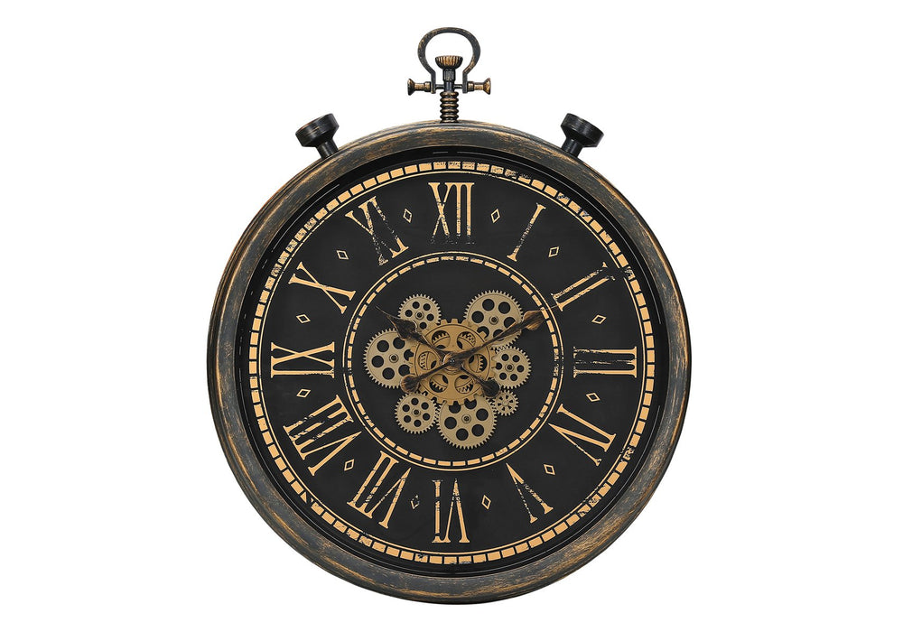 English Elm Clocks, Vintage Industrial 24" Round Wall Clock With Exposed Gears, Brown & Gold, Quartz Movement B2710P287146