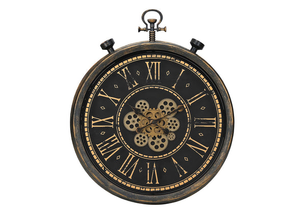 English Elm Clocks, Vintage Industrial 24" Round Wall Clock With Exposed Gears, Brown & Gold, Quartz Movement B2710P287146