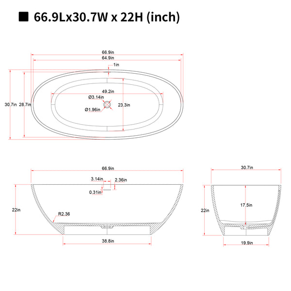 English Elm 67'' Solid Stone Resin Freestanding Soaking Tub with Ergonomic Curve for Modern Baths W2753P416680