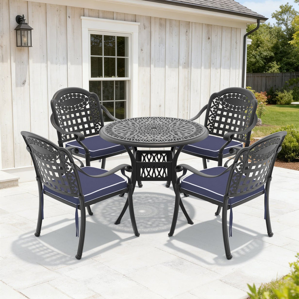 English Elm 5-piece Cast Aluminum Outdoor Dining Set with Ornate Carved Patio Chairs and Table W1710S00626
