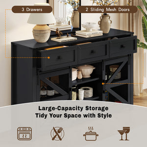 English Elm U_style Industrial Sideboard with Sliding Barn Doors Iron Mesh Panels and Three Drawers Black N711P347384B