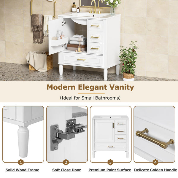 English Elm 30" Elegant Bathroom Vanity with Ceramic Sink, Soft-Close Door & 3 Drawers, Gold Handles, Durable Finish White N729P184479K