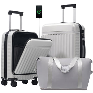 English Elm Front Access Hardside 3 Piece Travel Set with Usb Port Spinner Wheels and Tsa Lock Grey+White N732P326130D