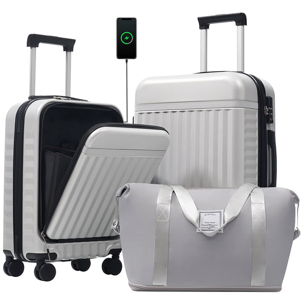 English Elm Front Access Hardside 3 Piece Travel Set with Usb Port Spinner Wheels and Tsa Lock Grey+White N732P326130D