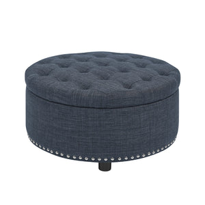 English Elm Tufted Linen Square Ottoman with Lift Top Storage Nailhead Trim Living Room Dark Blue B2748P481672
