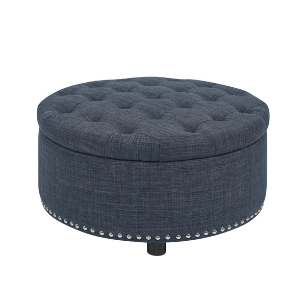 English Elm Tufted Linen Square Ottoman with Lift Top Storage Nailhead Trim Living Room Dark Blue B2748P481672