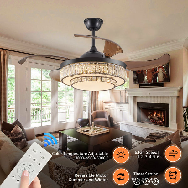 English Elm 48" Contemporary Crystal LED Retractable Ceiling Fan with Remote, 6-Speed Quiet DC Motor, Timer W1340P184909