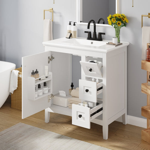 English Elm 30 Inch Bathroom Vanity with Ceramic Sink and 3 Smooth-Glide Drawers, Modern Moisture-Resistant Storage White N710P252105K