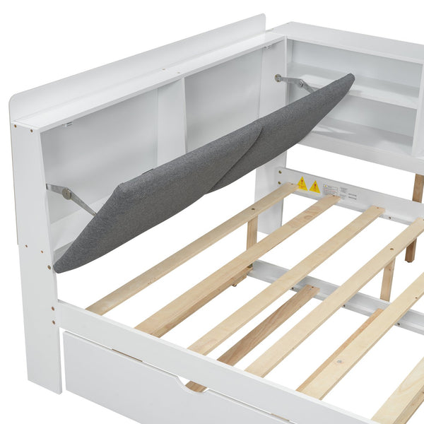 English Elm Wood Full Size platform bed with trundle, built-in storage headboard and shelves, sturdy pine frame White GX002055AAK