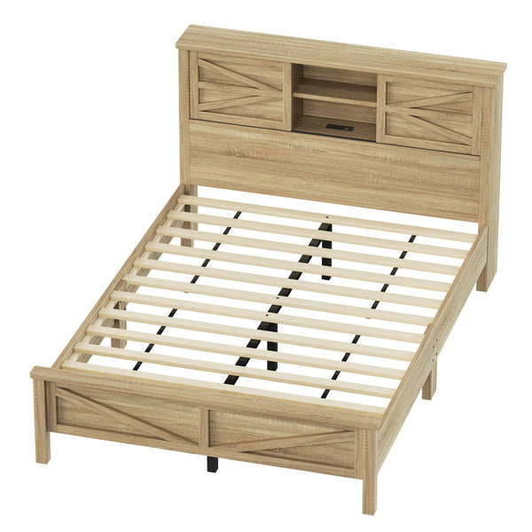 English Elm 3-Pieces Bedroom Set Full Size Farmhouse Platform Bed with Storage Headboard, Nightstand & Dresser Natural 46.25 L x 9.25 W x 9 H N733S369037M