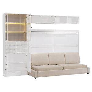 English Elm Full Size Murphy Wall Bed with Linen Sofa Integrated Shelving Usb Charging and Lighting LP000763AAK