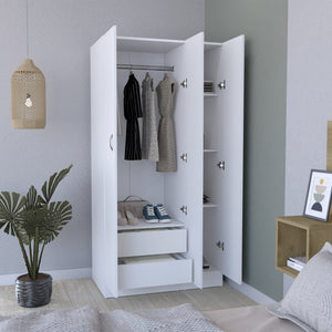 English Elm Ohio Armoire Spacious 3-Door Wardrobe with 2 Drawers, 4-Tier Shelves, Hanging Rods & Metal Handles White 74 L x 23 W x 2 H B200S00289