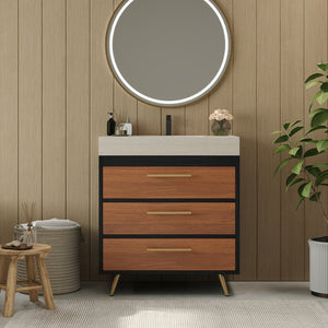 English Elm Modern Freestanding Bathroom Vanity with Vessel Sink Sintered Stone Gold Steel Legs W3136S00052