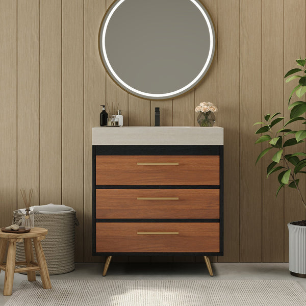 English Elm Modern Freestanding Bathroom Vanity with Vessel Sink Sintered Stone Gold Steel Legs W3136S00052