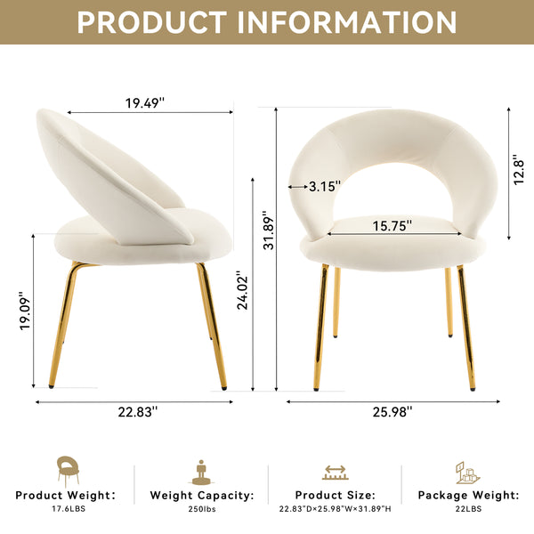 English Elm 061-Set Of 1 Elegant White Velvet Dining Chair With Curved Backrest & Luxe Gold Metal Legs For Style W527P255475